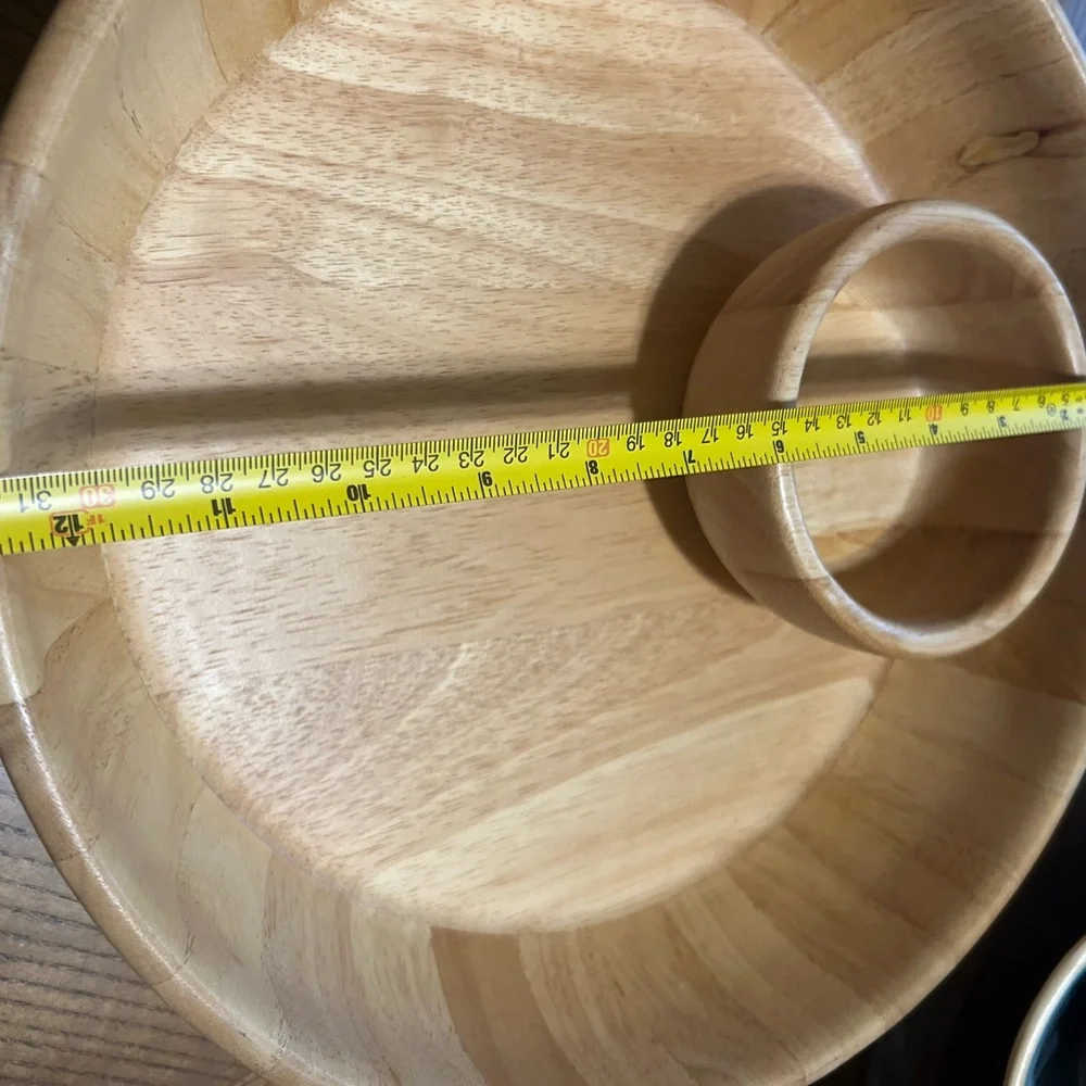 Any Season Crate & Barrel Round Wood Chip & Dip Server w/ceramic bowl